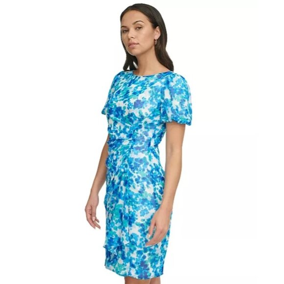 DKNY Blue Green Watercolor Print Chiffon Dress‎ Size 12 Short Bubble Sleeves - Picture 2 of 9
